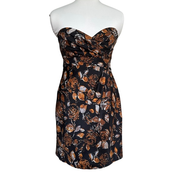 Tibi New York Floral 100% Silk Strapless Cocktail Dress Sz‎ 2 Black Gold Brown - Picture 1 of 16